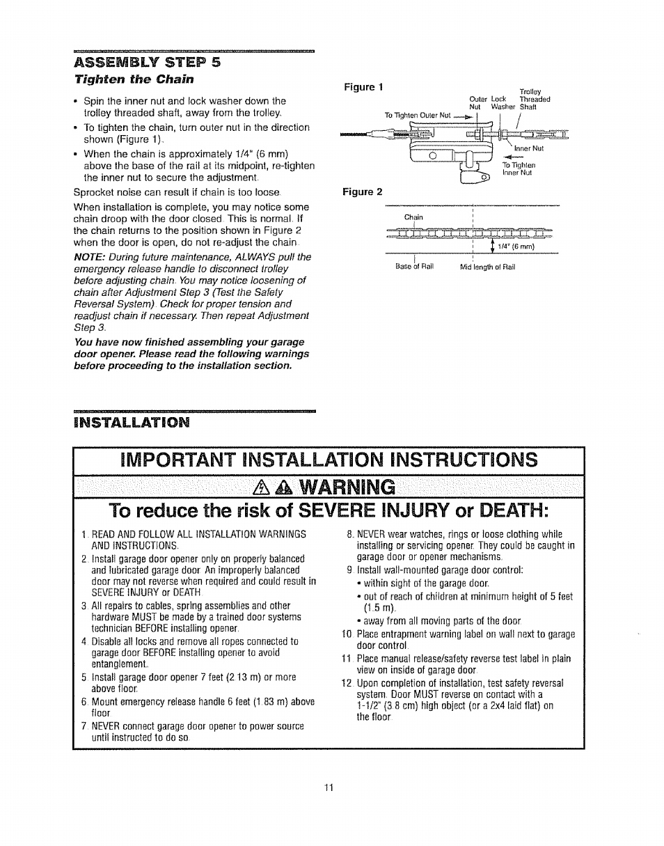 Assembly step 5, Imstallation, Important installation instructions | A^warning | Craftsman 139.53920D User Manual | Page 11 / 76