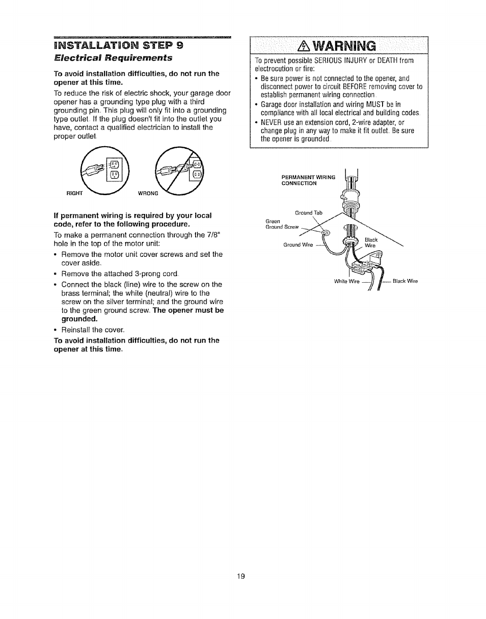 Installatiom step 9, Warning | Craftsman 139.53920D User Manual | Page 19 / 76