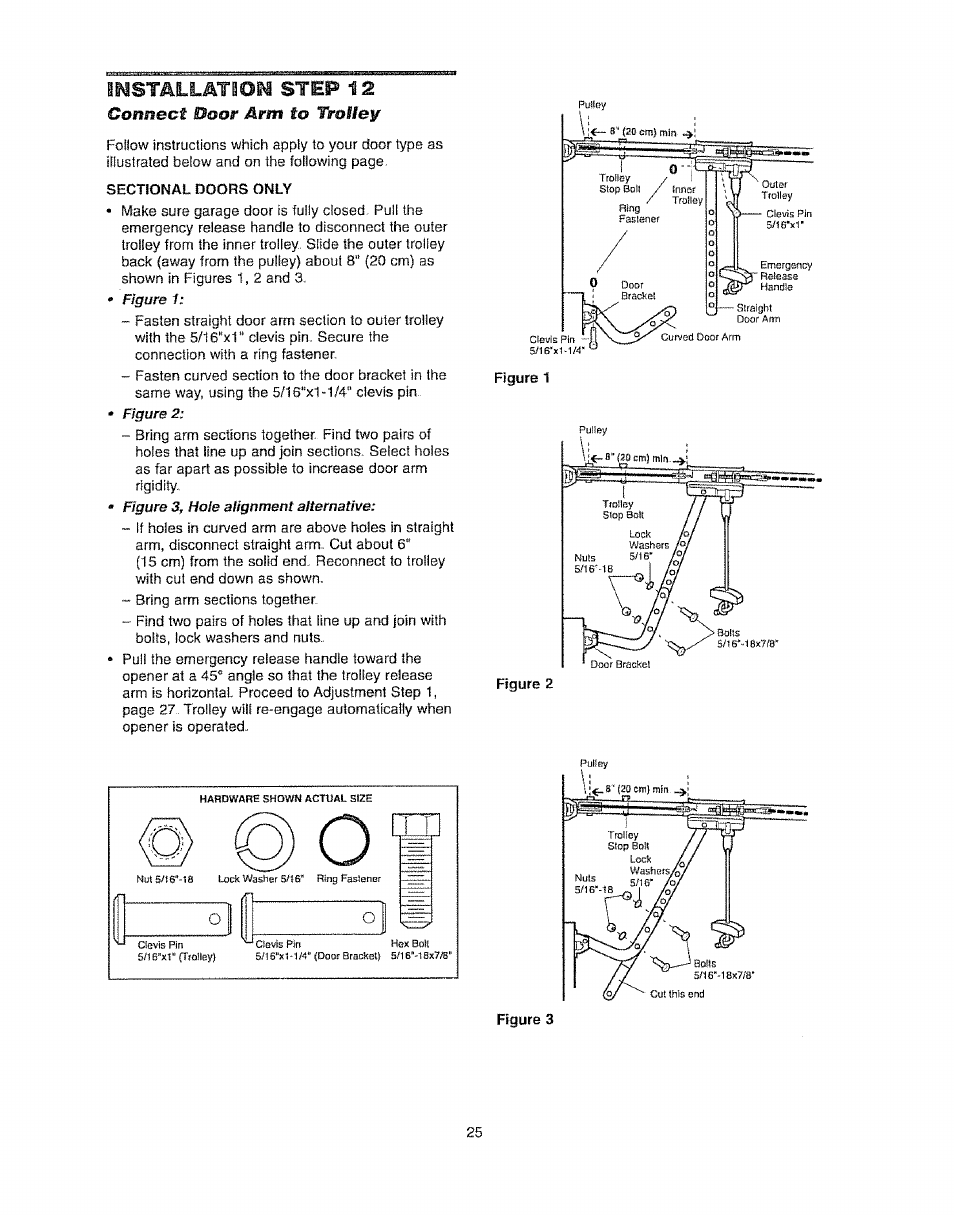 Installation step 12, Connect door arm to trolley | Craftsman 139.53920D User Manual | Page 25 / 76