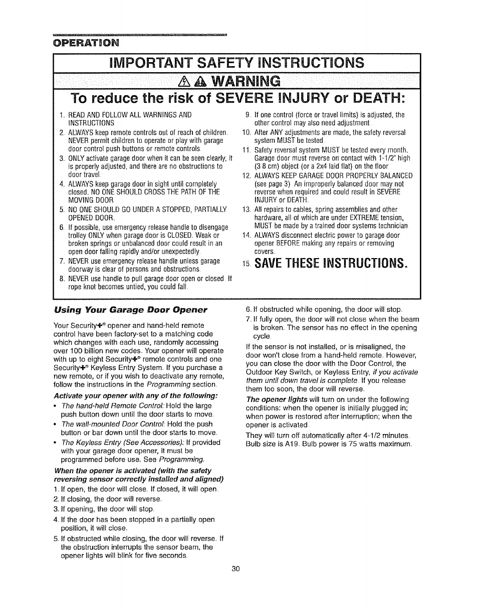 Plüation, Safety, A a warning | Important, Instructions, 1b, save these instructions | Craftsman 139.53920D User Manual | Page 30 / 76