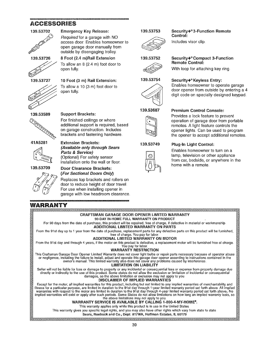 Accessories, Warrantt | Craftsman 139.53920D User Manual | Page 39 / 76