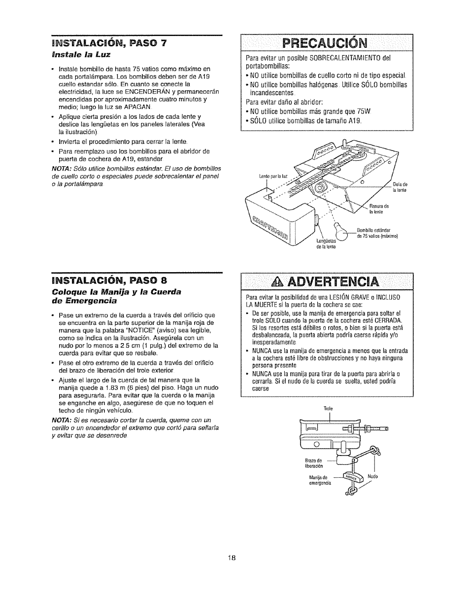 Instalacióü, рй80 7, Imstalacióm, paso 8, Precaución | Advertencia, Instalacióü, рй80 7 tosíale la luz, Coto^tie la manija v la cuerda de emergencia | Craftsman 139.53920D User Manual | Page 56 / 76