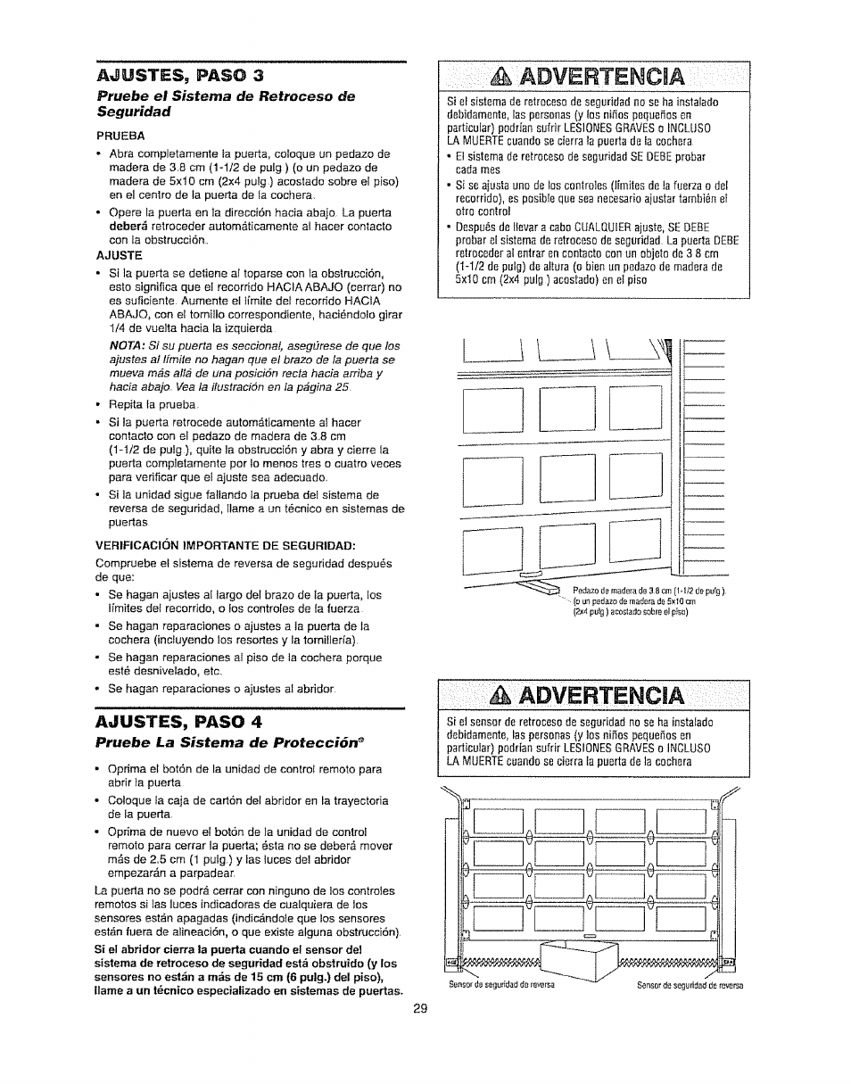 Ajustes, pas© 3, A advertencia, Ajustes, paso 4 | Pruebe el sistema de retroceso de seguridad, Pruebe la sistema de protección | Craftsman 139.53920D User Manual | Page 67 / 76