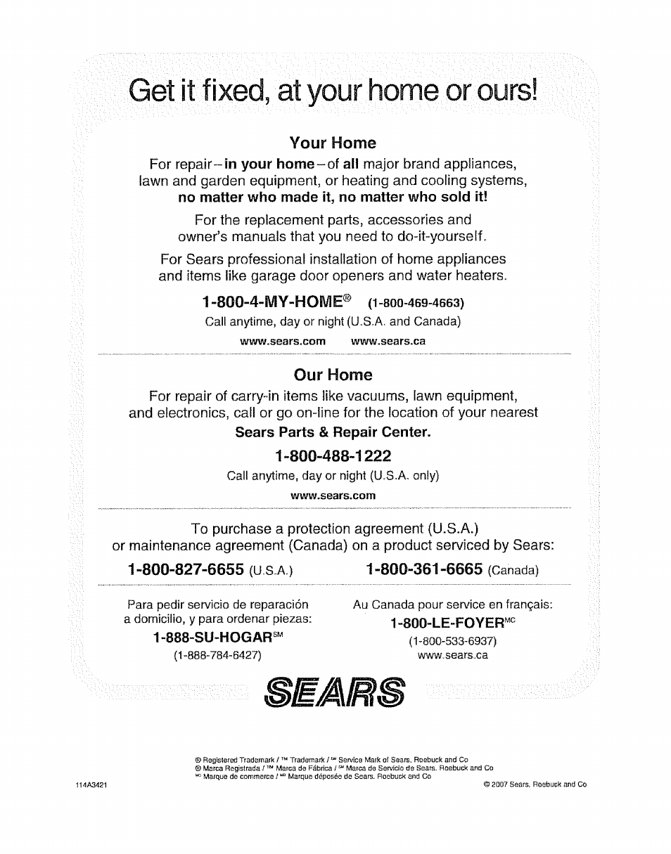 Get it fixed, at your home or ours, Your home, Our home | Craftsman 139.53920D User Manual | Page 76 / 76