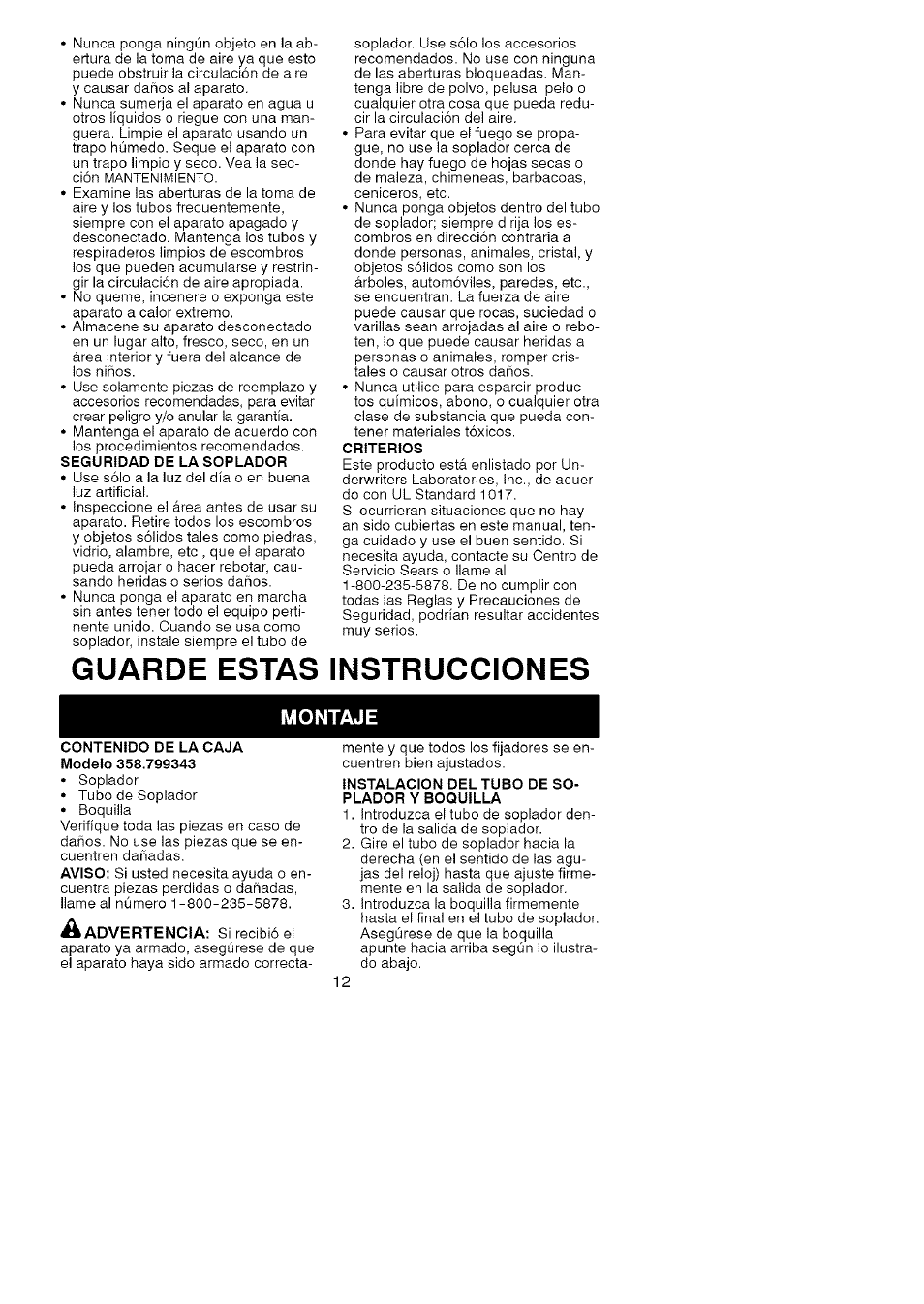 Montaje, Guarde estas instrucciones | Craftsman 358.799343 User Manual | Page 12 / 16