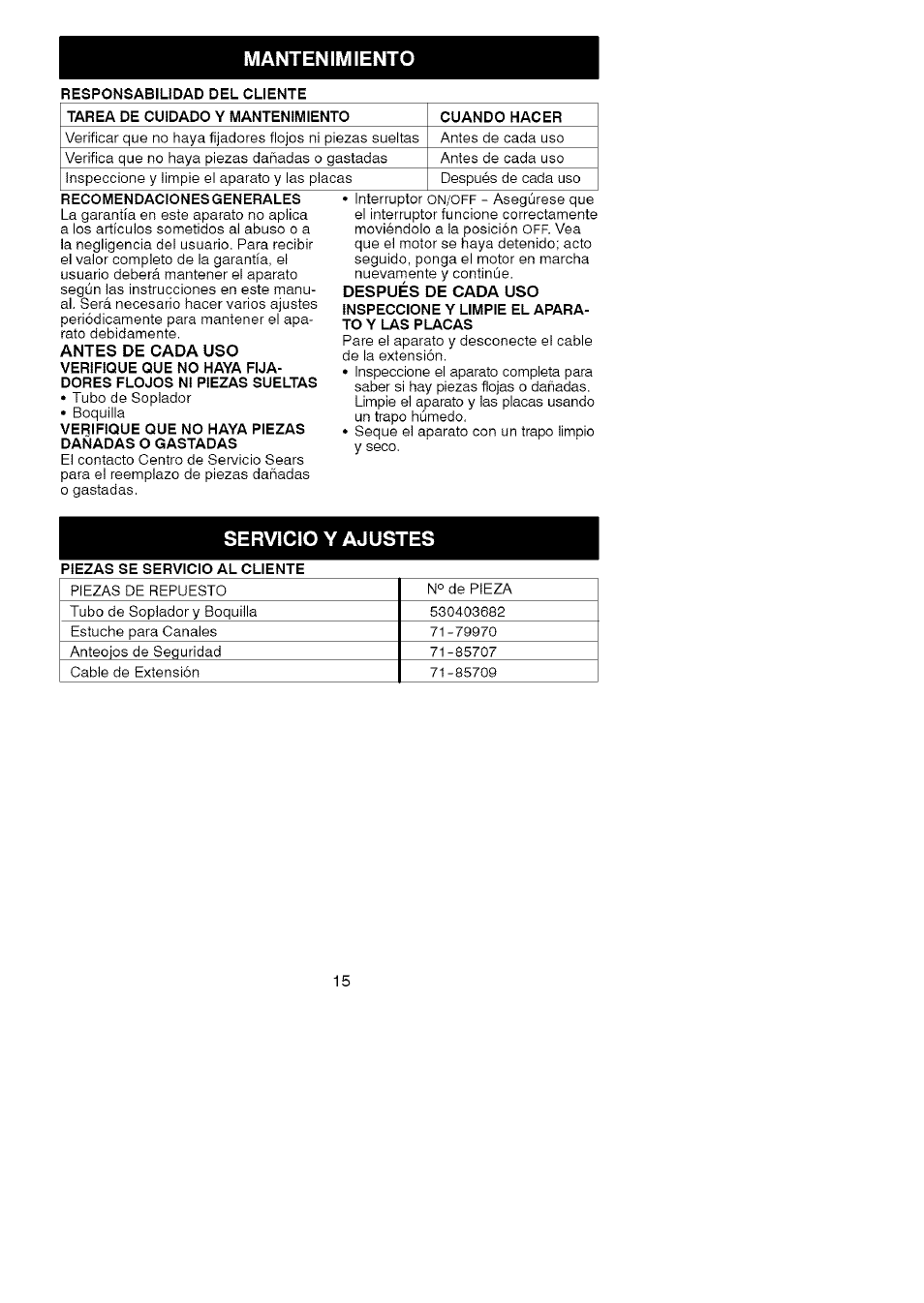 Mantenimiento, Servicio y ajustes | Craftsman 358.799343 User Manual | Page 15 / 16