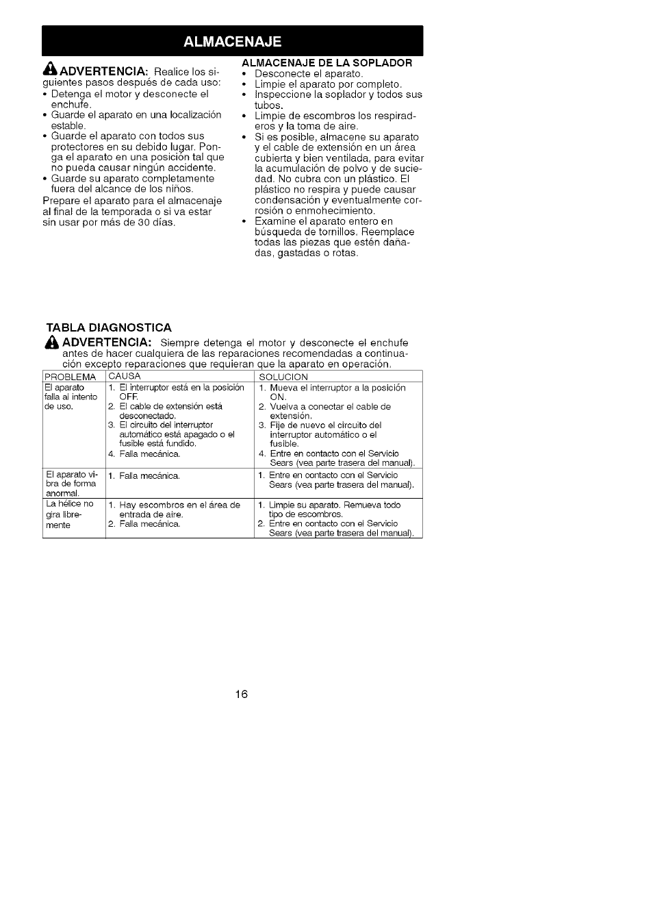 Almacenaje | Craftsman 358.799343 User Manual | Page 16 / 16