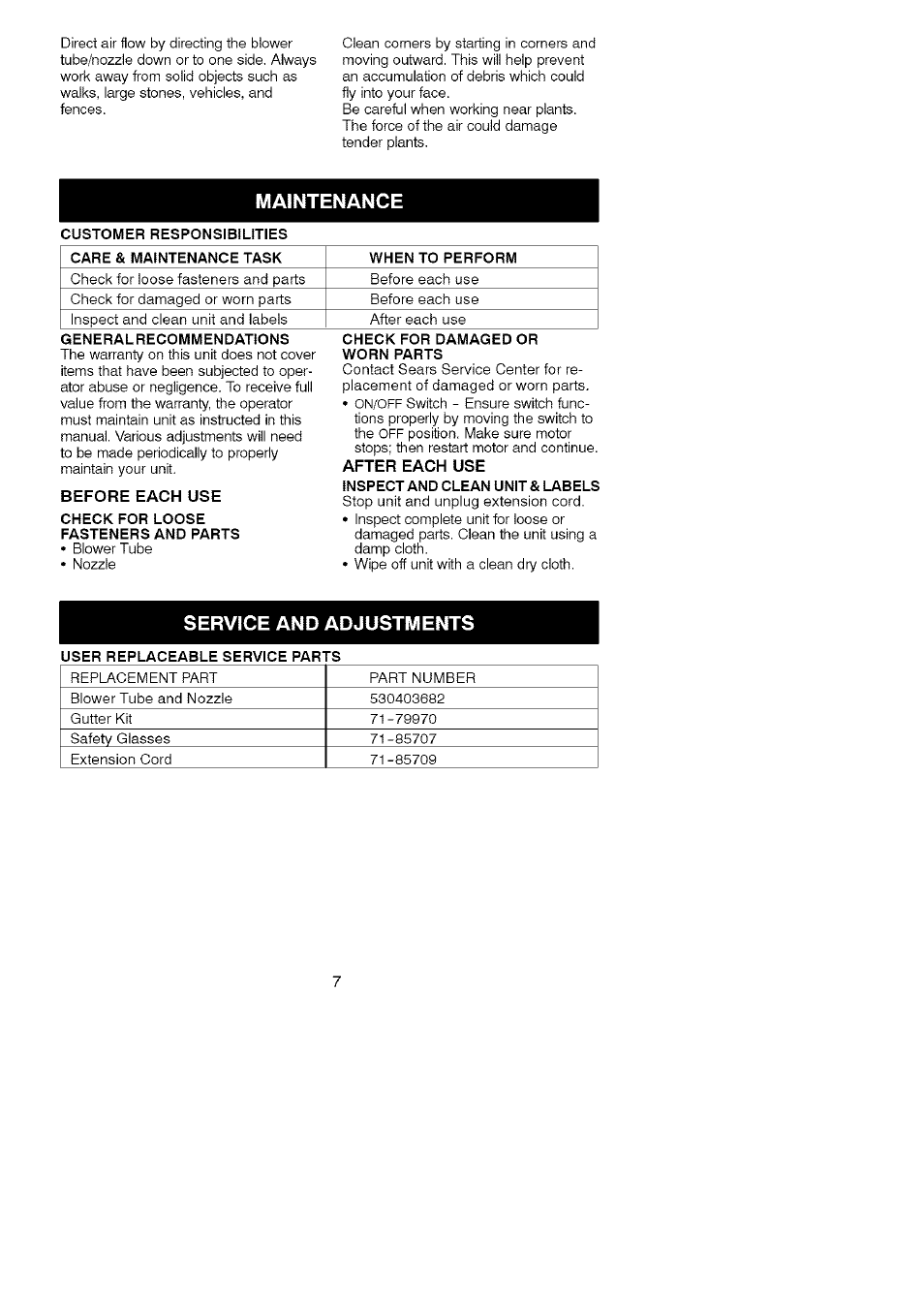 Maintenance, Service and adjustments | Craftsman 358.799343 User Manual | Page 7 / 16