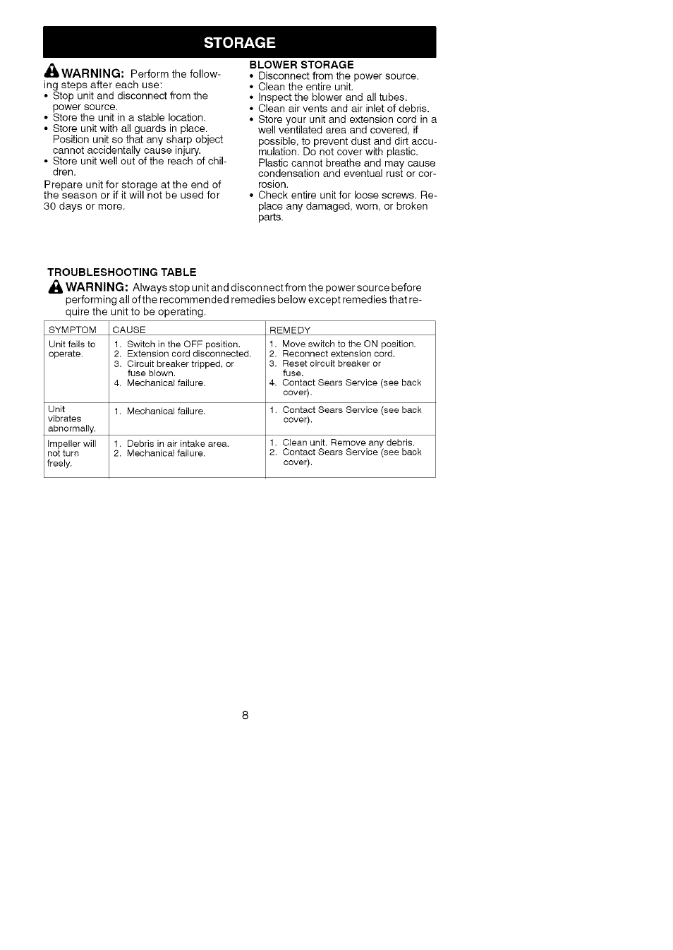 Storage | Craftsman 358.799343 User Manual | Page 8 / 16