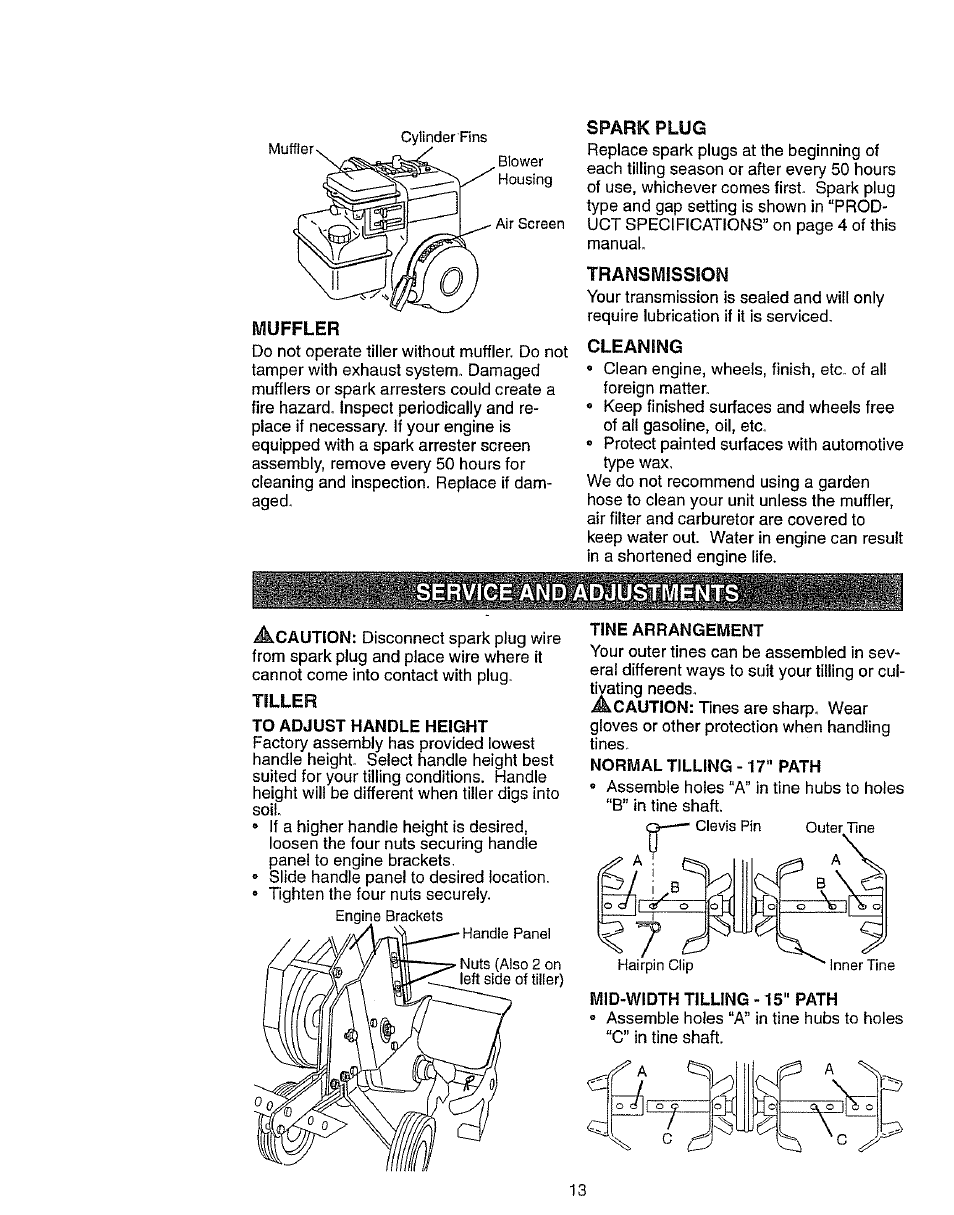 Spark plug, Transmissfon, Cleaning | Service ànd adjustments, Tiller | Craftsman 917.2922 User Manual | Page 13 / 32