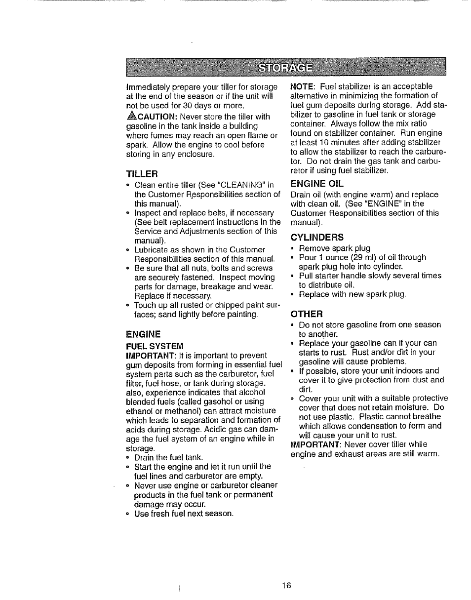 Tiller, Engine 0!l, Cylinders | Other | Craftsman 917.2922 User Manual | Page 16 / 32