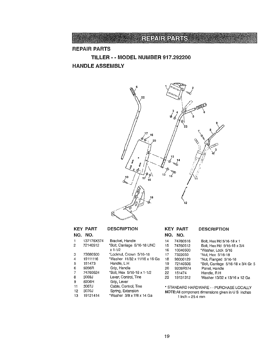 Repair parts, Tiller - - model number 917.292200 handle assembly | Craftsman 917.2922 User Manual | Page 19 / 32