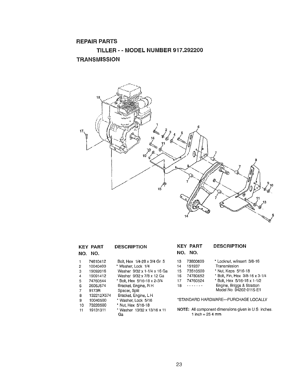 Repair parts, Tiller - - model number 917.292200 transmission | Craftsman 917.2922 User Manual | Page 23 / 32