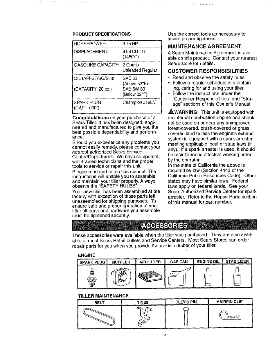 Maintenance agreement, Customer responsibilities, Accessories | Craftsman 917.2922 User Manual | Page 4 / 32