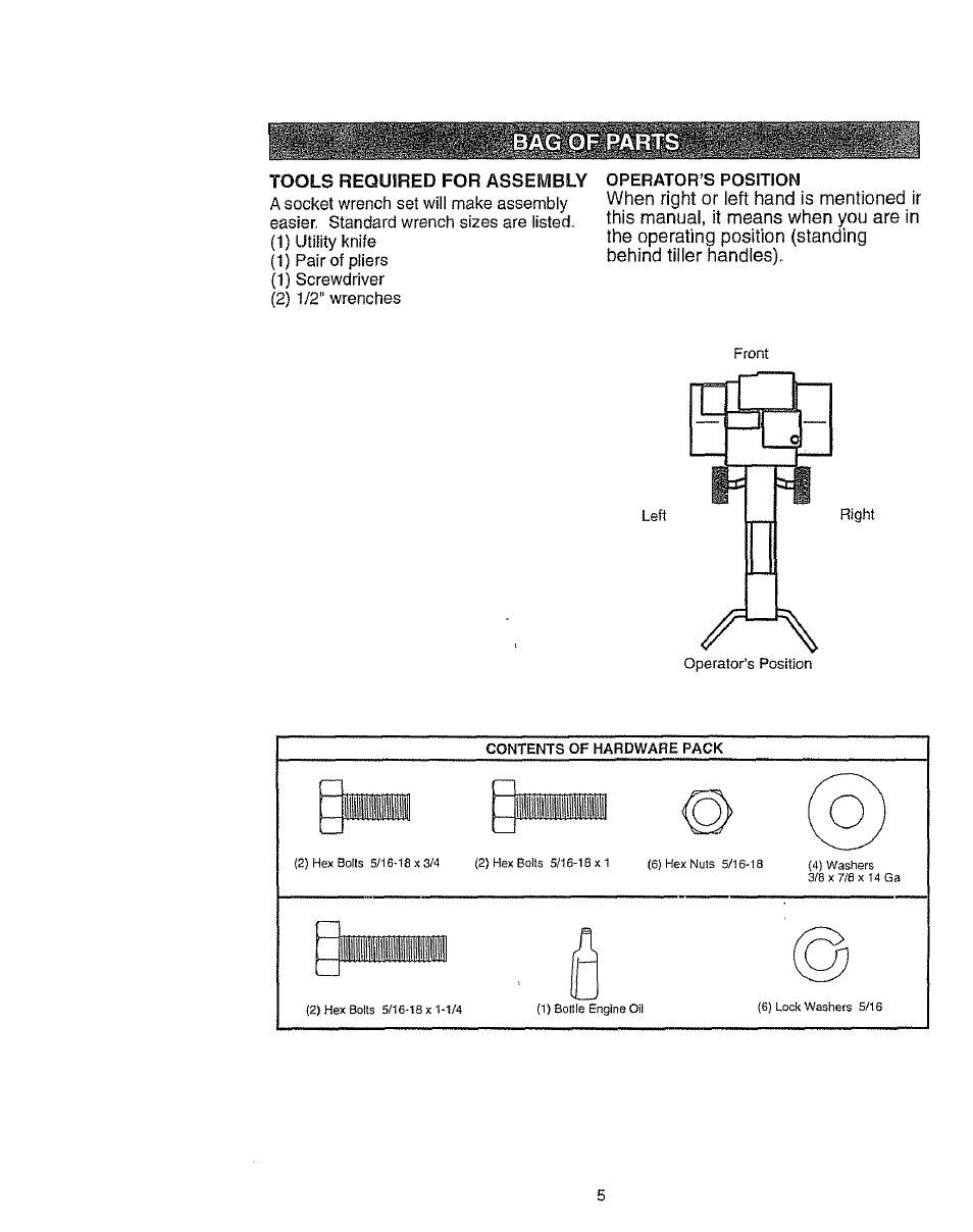 Bag of parts, Tools required for assembly operator’s position | Craftsman 917.2922 User Manual | Page 5 / 32