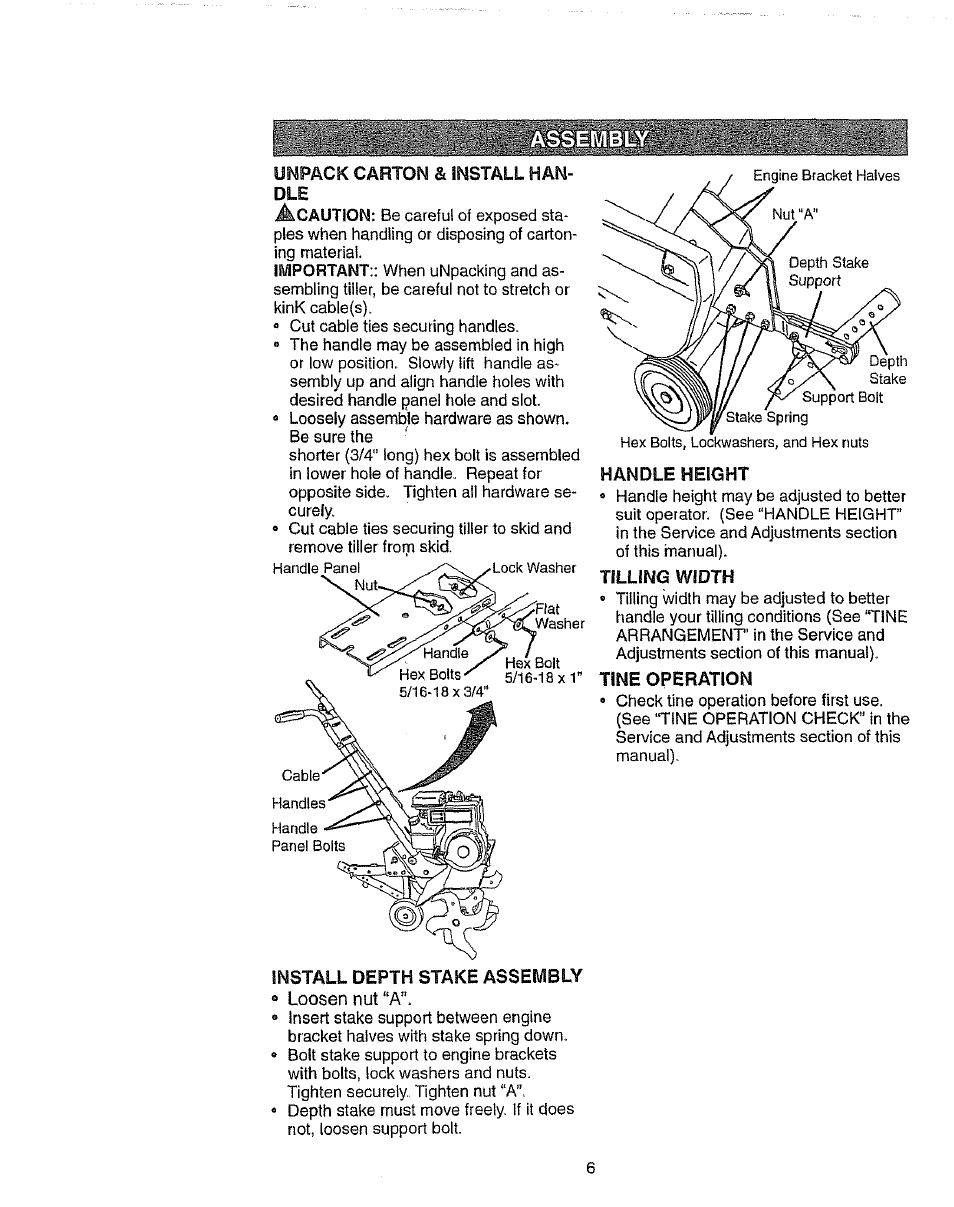 Unpack carton & install handle, Install depth stake assembly, Handle height | Tilling width, Tine operation | Craftsman 917.2922 User Manual | Page 6 / 32