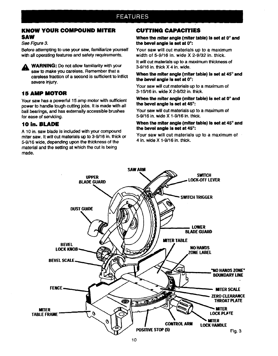 Know your compound miter saw, 15 amp motor, 10 in. blade | Cutting capacities | Craftsman 315.235380 User Manual | Page 10 / 38