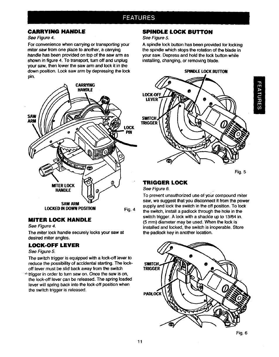 Carrying handle, Miter lock handle, Lock-off lever | Spindle lock button, Trigger lock | Craftsman 315.235380 User Manual | Page 11 / 38