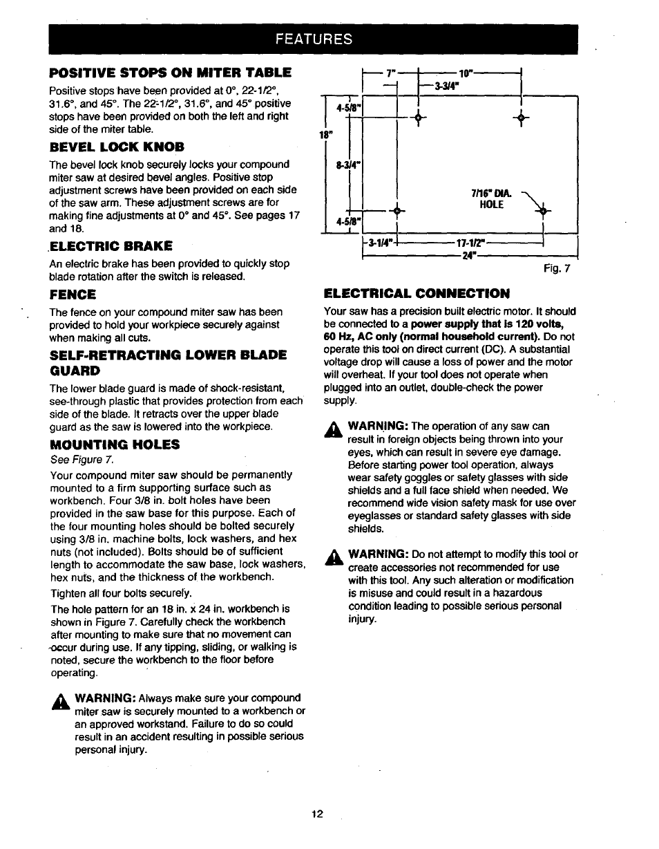 Positive stops on miter table, Bevel lock knob, Electric brake | Fence, Self-retracting lower blade guard, Mounting holes, Electrical connection, 60 hz, ac only (normal household current). do not | Craftsman 315.235380 User Manual | Page 12 / 38