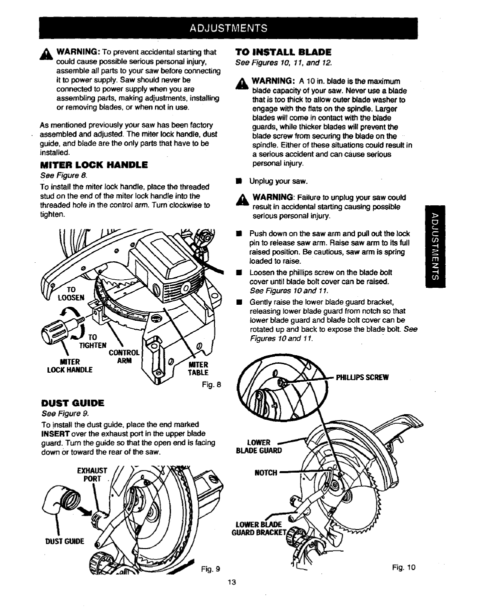 Miter lock handle, Dust guide, To install blade | Craftsman 315.235380 User Manual | Page 13 / 38