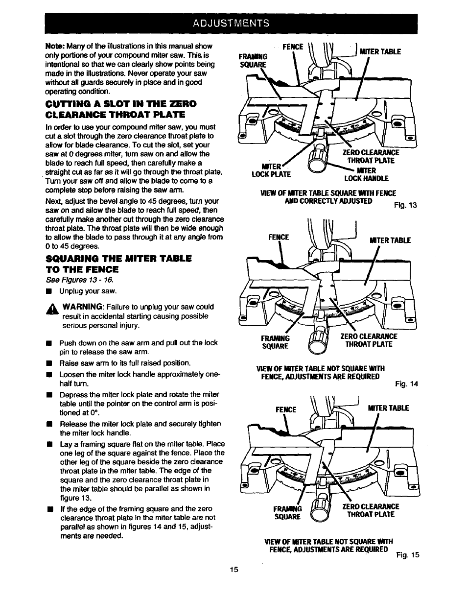 Cutting a slot in the zero clearance throat plate, Squaring the miter table to the fence, Adjustments | Craftsman 315.235380 User Manual | Page 15 / 38