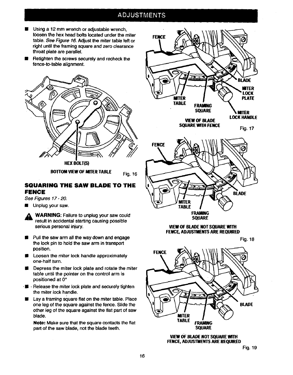 Squaring the saw blade to the fence, Adjustments | Craftsman 315.235380 User Manual | Page 16 / 38