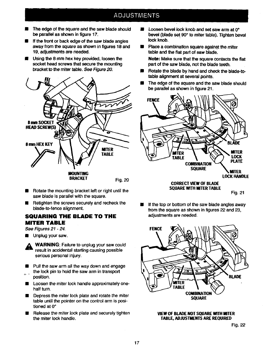 Squaring the blade to the miter table, Adjustments | Craftsman 315.235380 User Manual | Page 17 / 38