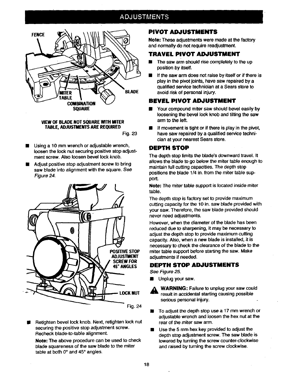 Pivot adjustments, Travel pivot adjustment, Bevel pivot adjustment | Depth stop, Depth stop adjustments | Craftsman 315.235380 User Manual | Page 18 / 38