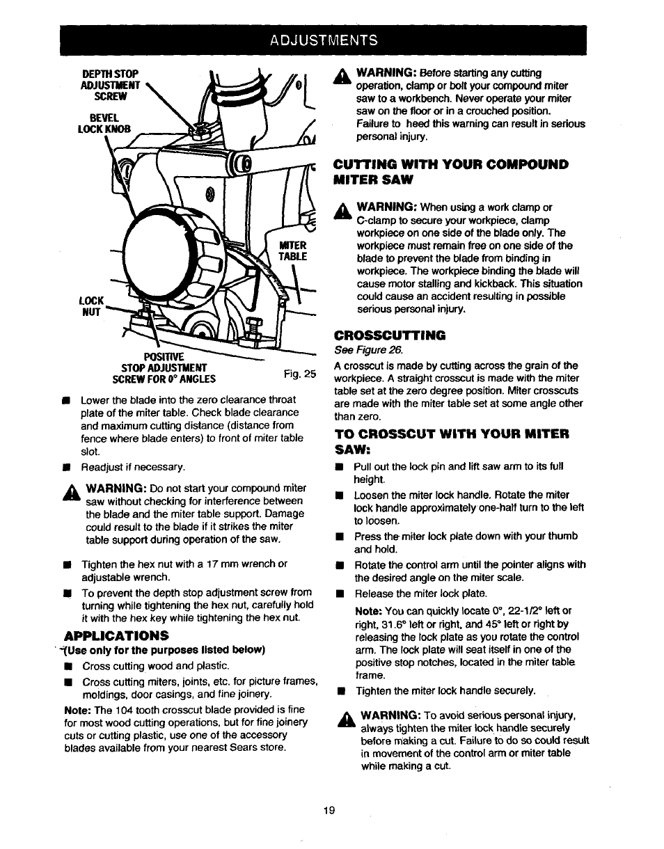 Applications, Cutting with your compound miter saw, Crosscutting | To crosscut with your miter saw | Craftsman 315.235380 User Manual | Page 19 / 38