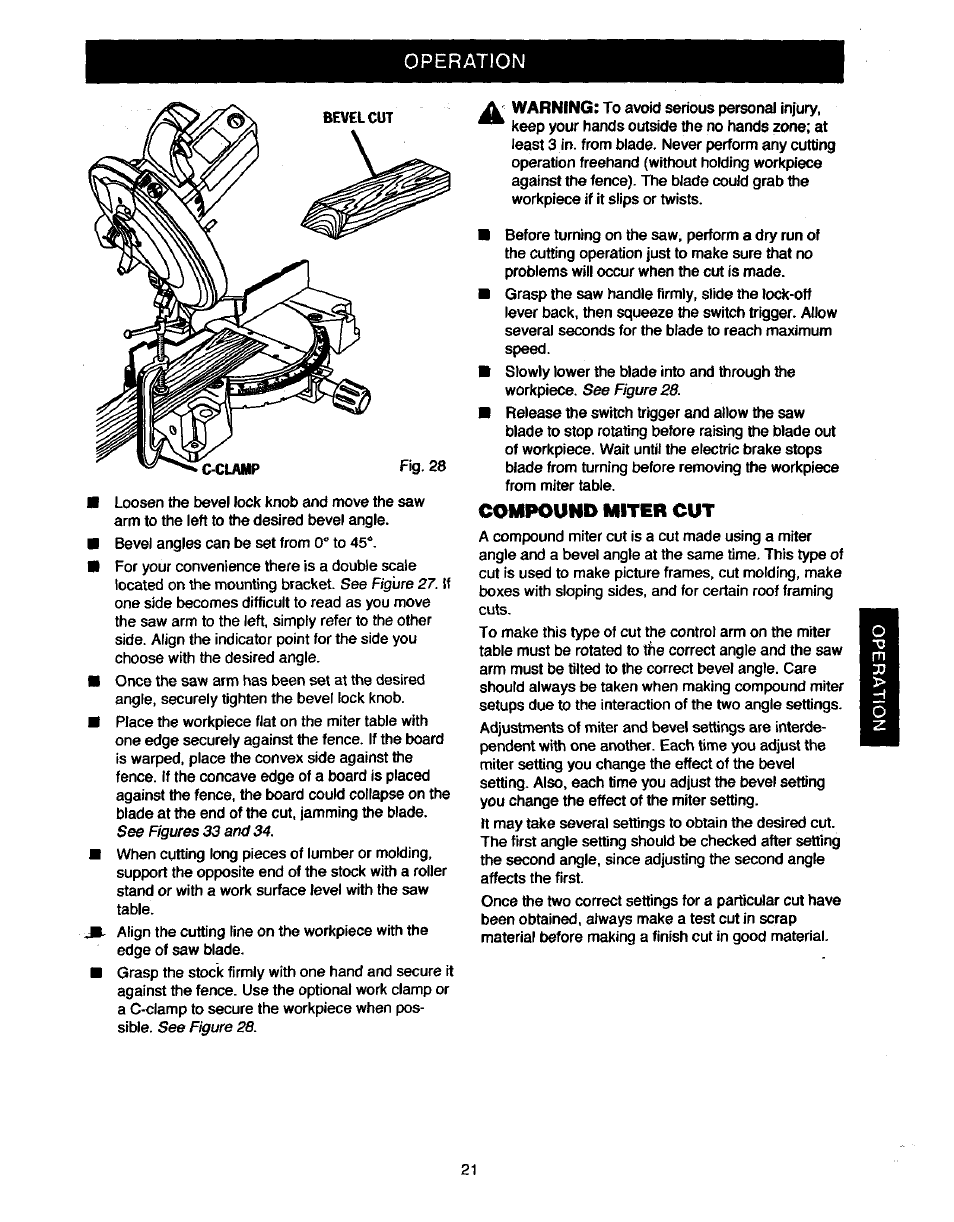 Compound miter cut, Operation | Craftsman 315.235380 User Manual | Page 21 / 38