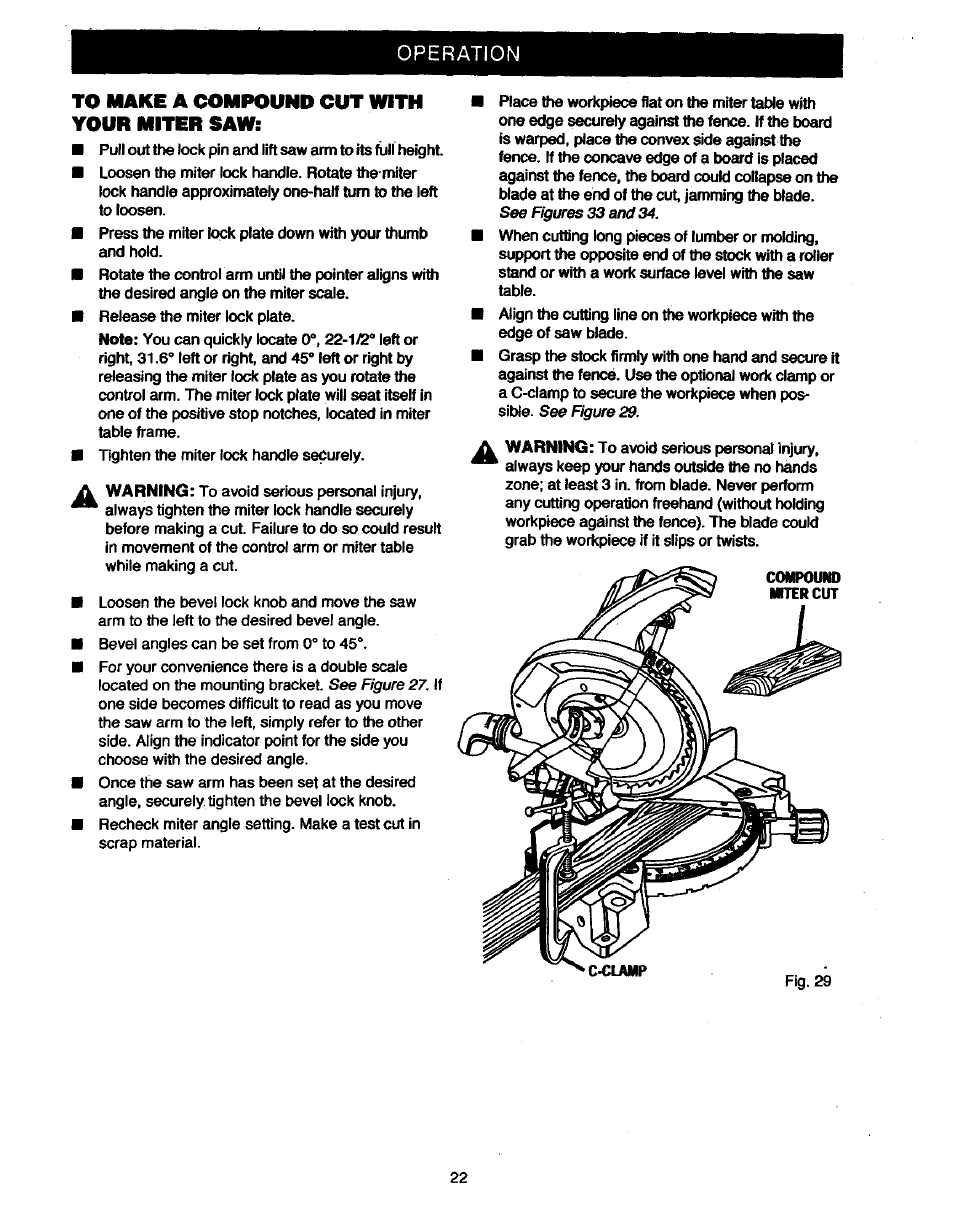 To make a compound cut with your miter saw, Operation | Craftsman 315.235380 User Manual | Page 22 / 38