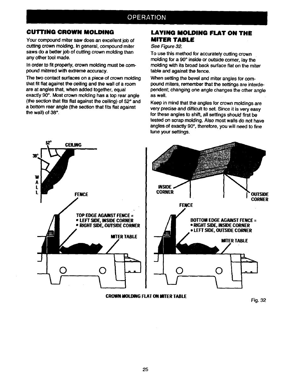 Cuttinq crown molding, Laying molding flat on the miter table, Operation | Craftsman 315.235380 User Manual | Page 25 / 38