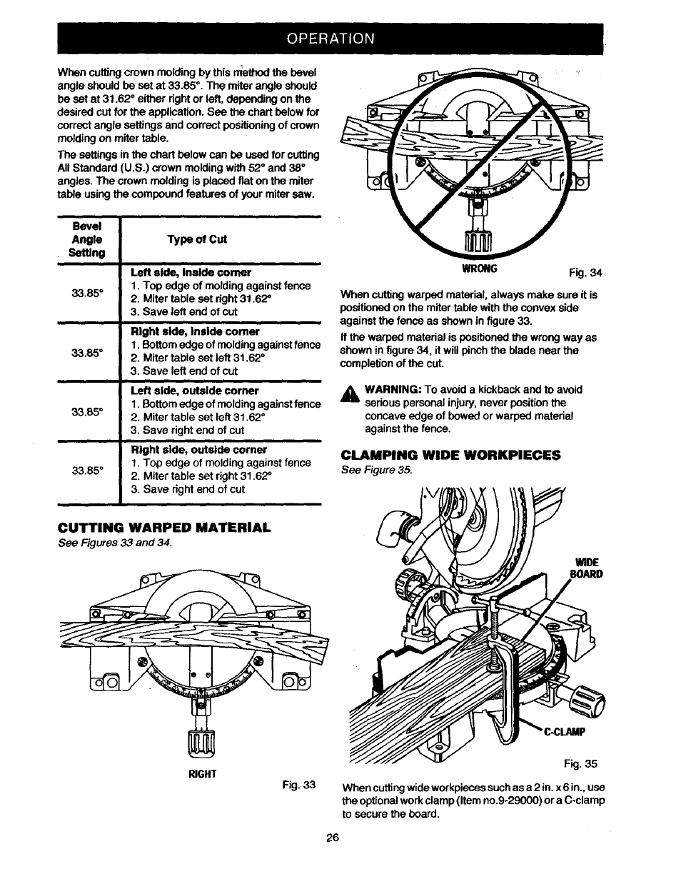 Cutting warped material, Clamping wide workpieces, Operation | Craftsman 315.235380 User Manual | Page 26 / 38