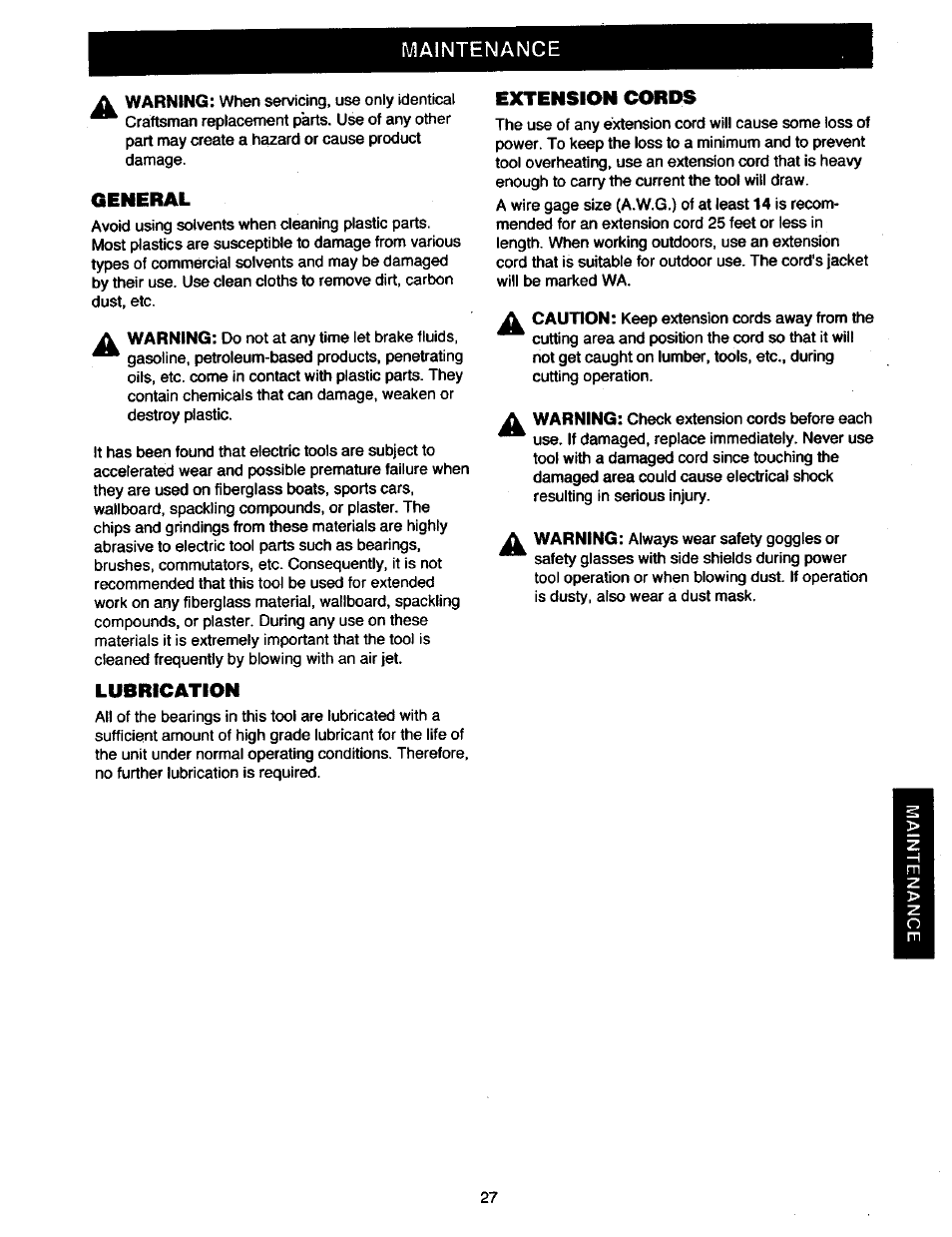 General, Lubrication, Extension cords | Maintenance | Craftsman 315.235380 User Manual | Page 27 / 38