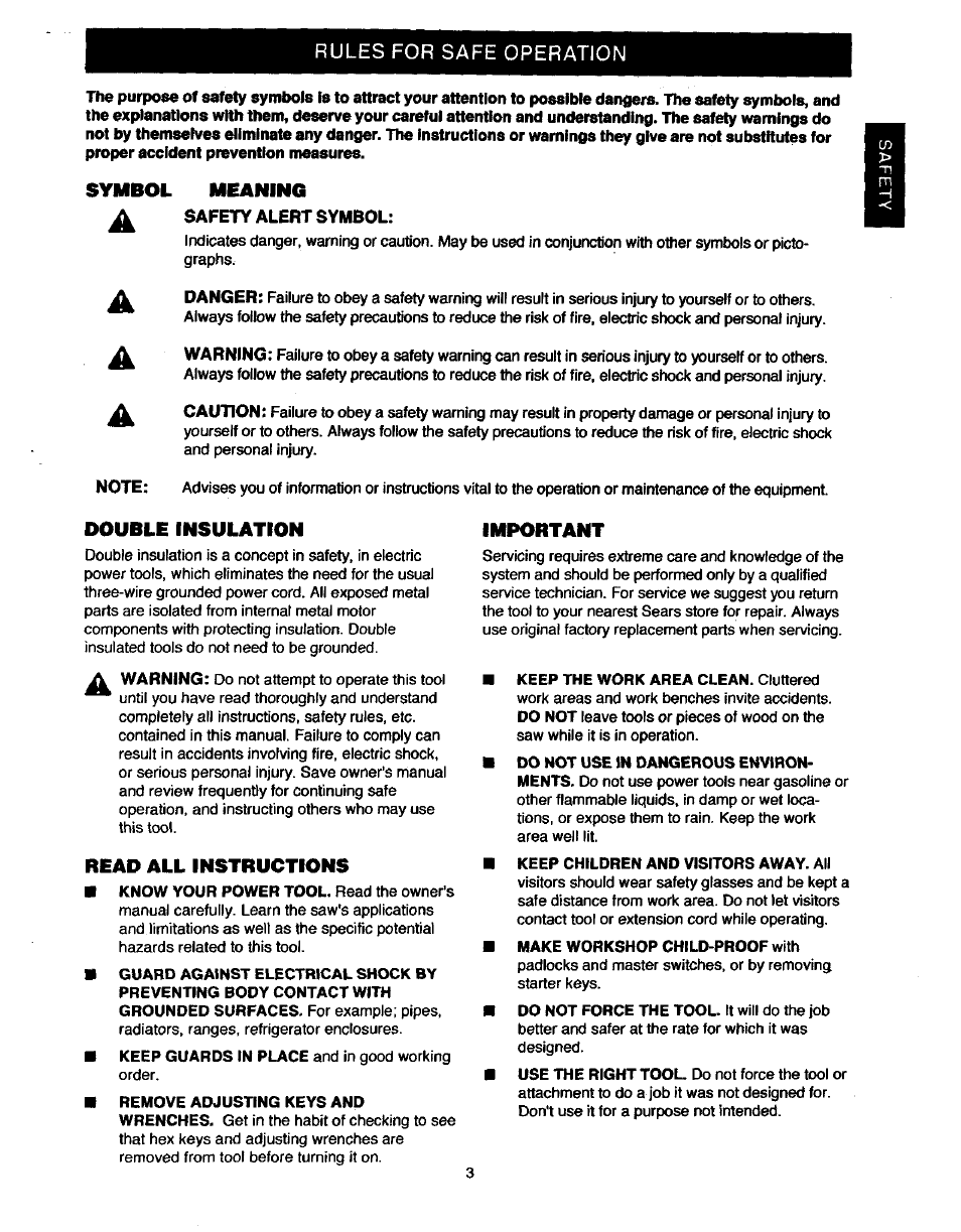 Rules for safe operation, Meaning, Safety alert symbol | Double insulation, Read all instructions, Important, Keep children and visitors away. all, Symbol | Craftsman 315.235380 User Manual | Page 3 / 38