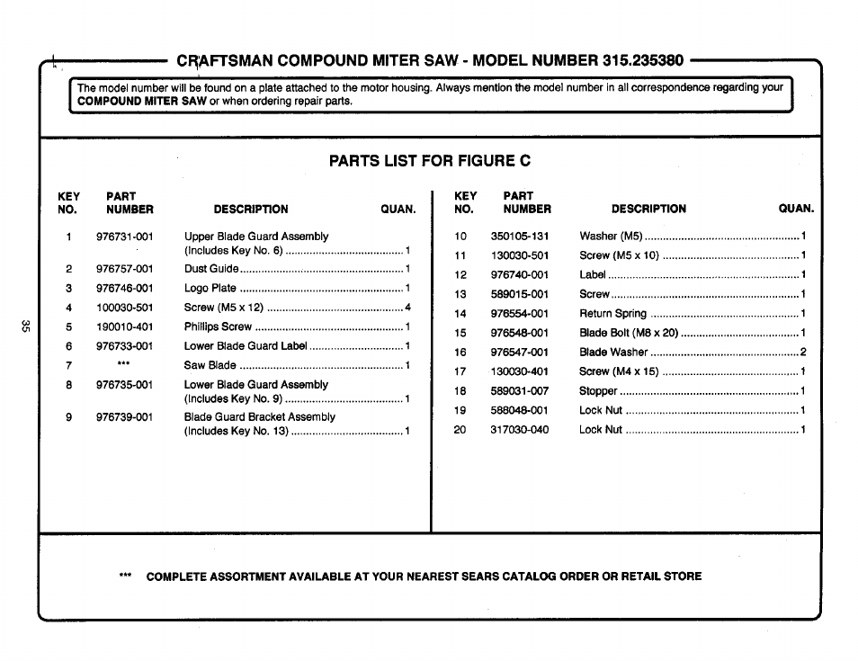 Parts list for figure c | Craftsman 315.235380 User Manual | Page 35 / 38