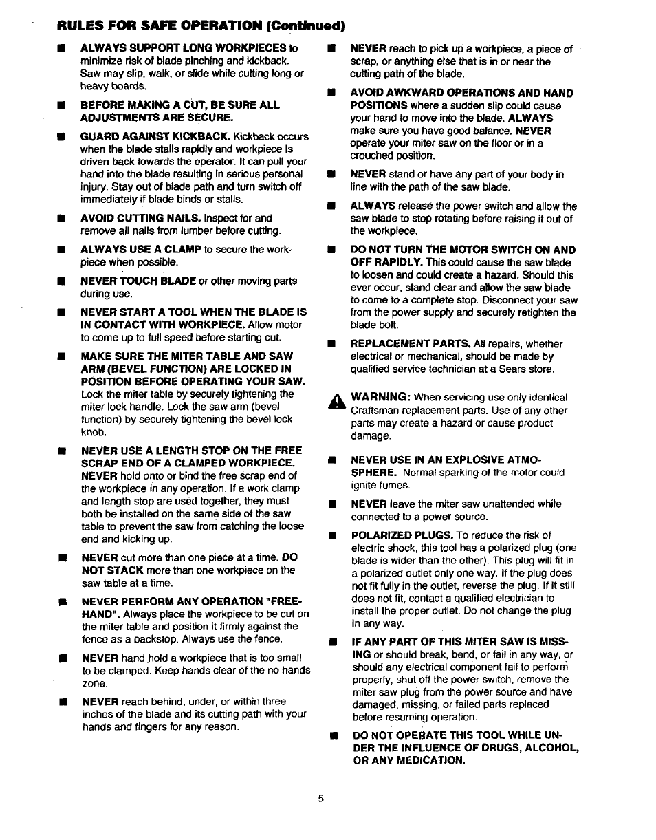 Rules for safe operation (continued) | Craftsman 315.235380 User Manual | Page 5 / 38