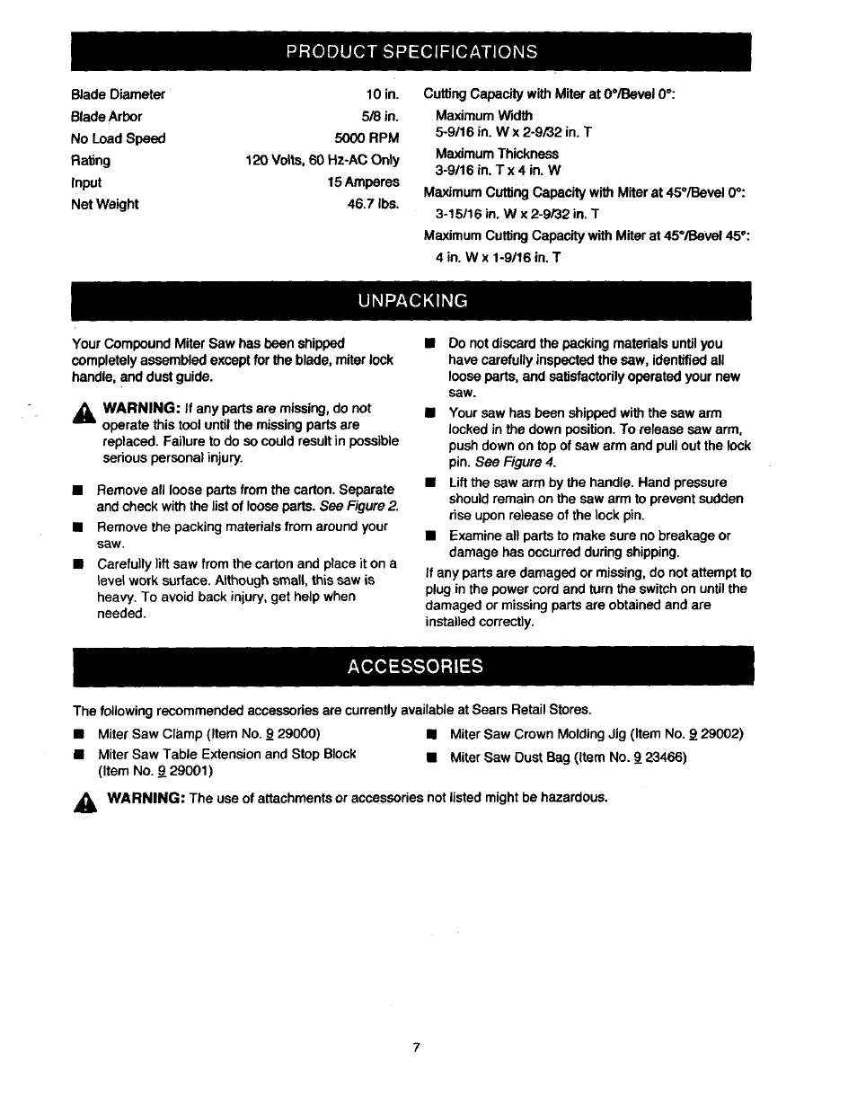 Product specifications, Unpacking, Accessories | Craftsman 315.235380 User Manual | Page 7 / 38