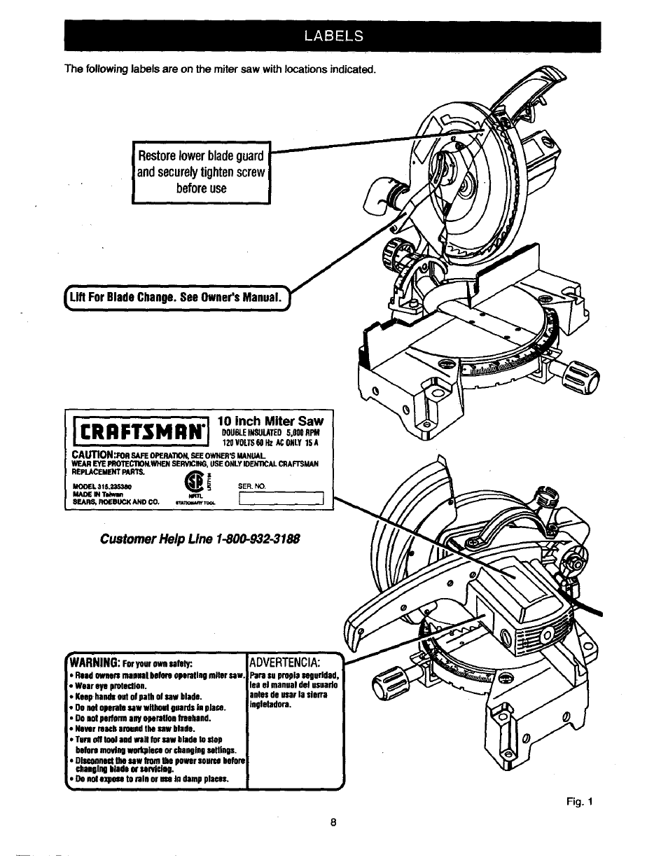 Lift^r bìad7ciiange see owner's manual, 10 inch miter saw, Crrftshrw | Advertencia, Warning | Craftsman 315.235380 User Manual | Page 8 / 38