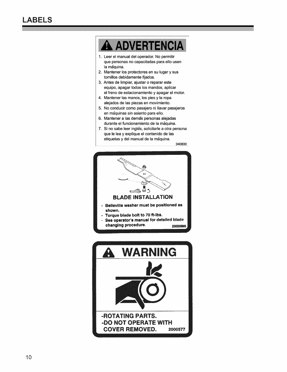 A advertencia, Labels | Craftsman 127.28876 User Manual | Page 12 / 77