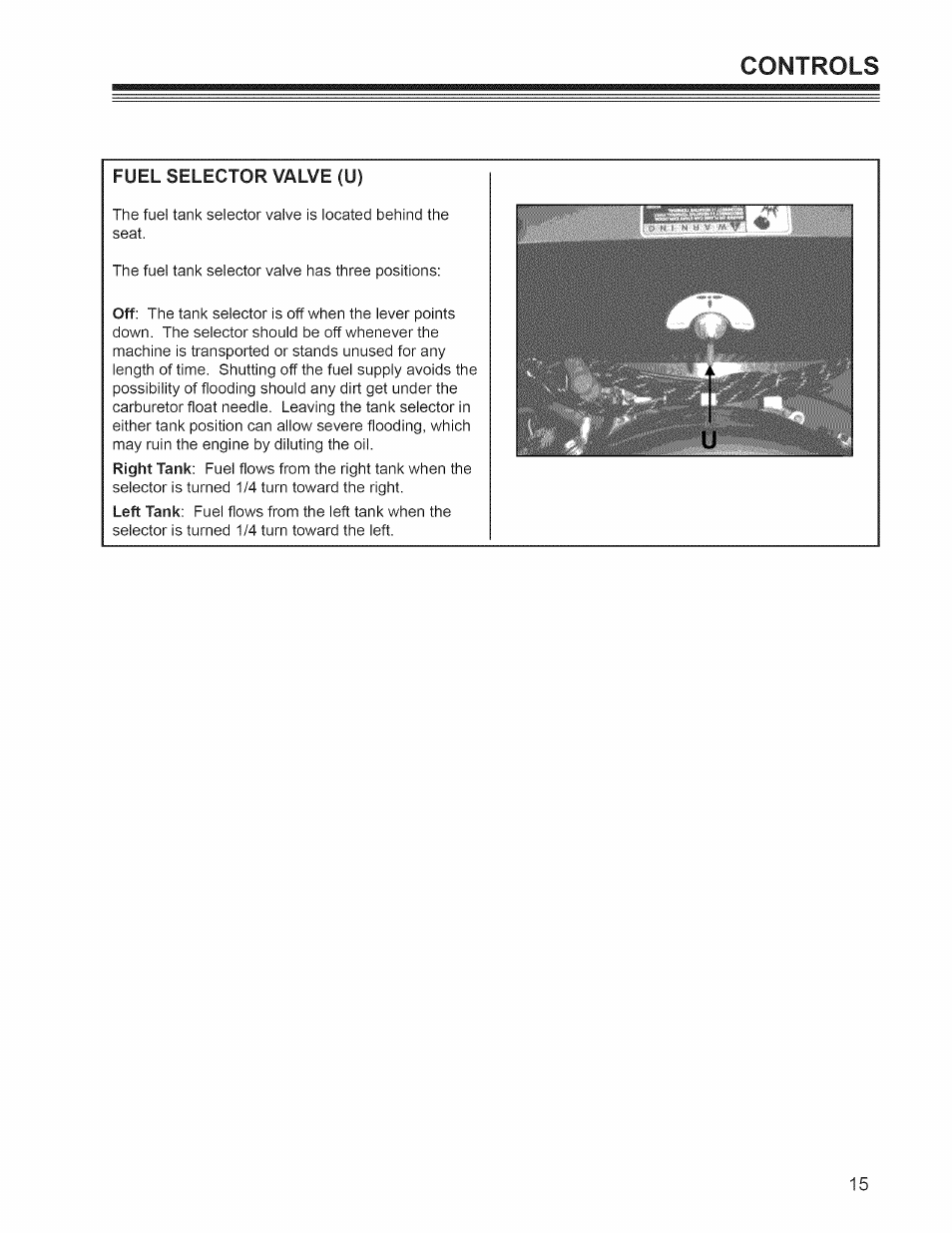 Fuel selector valve (u), Controls | Craftsman 127.28876 User Manual | Page 17 / 77