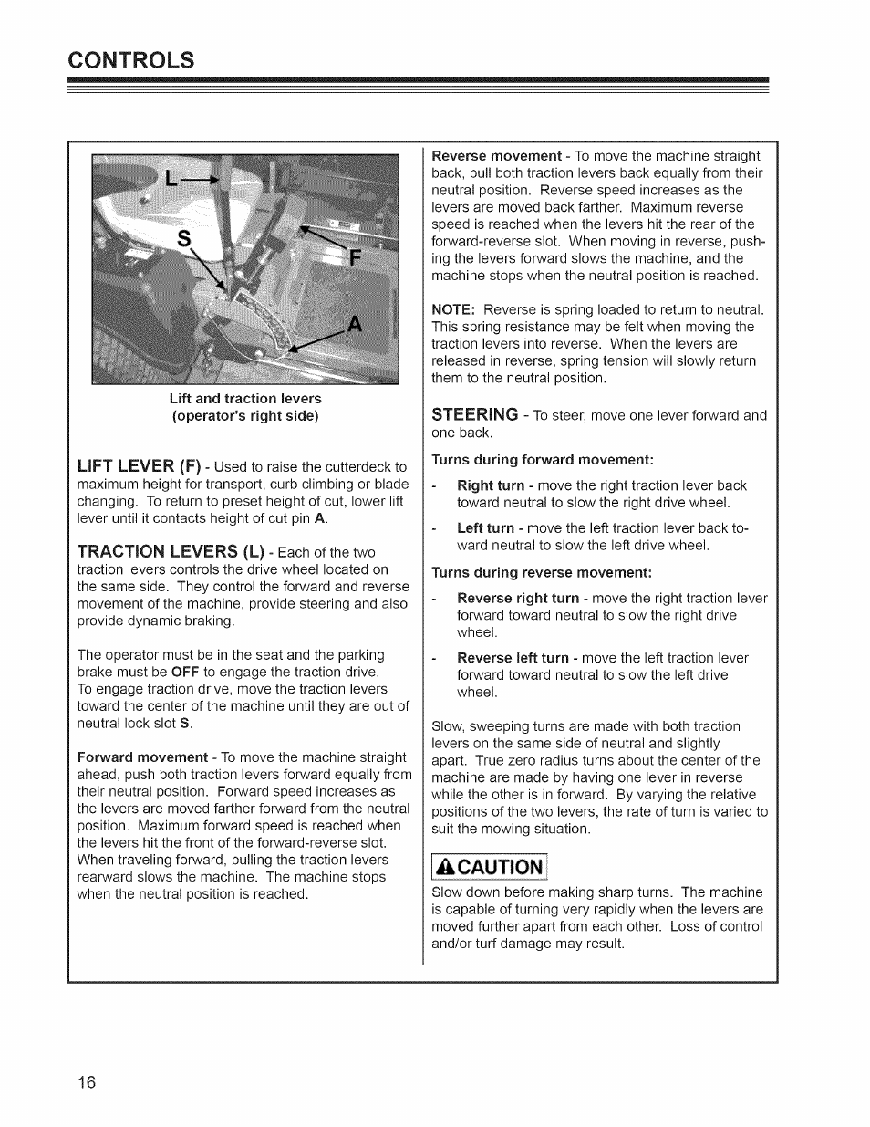 Traction levers (l) - each of the two, Controls, A caution | Craftsman 127.28876 User Manual | Page 18 / 77