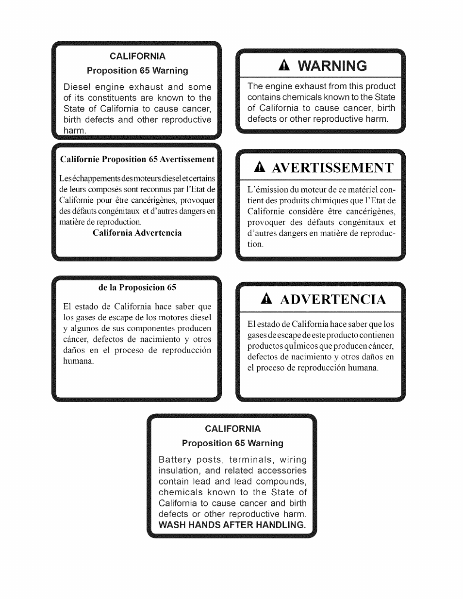 California proposition 65 warning, Avertissement, À warning | Californie proposition 65 avertissement, California advertencia, De la proposición 65 | Craftsman 127.28876 User Manual | Page 2 / 77