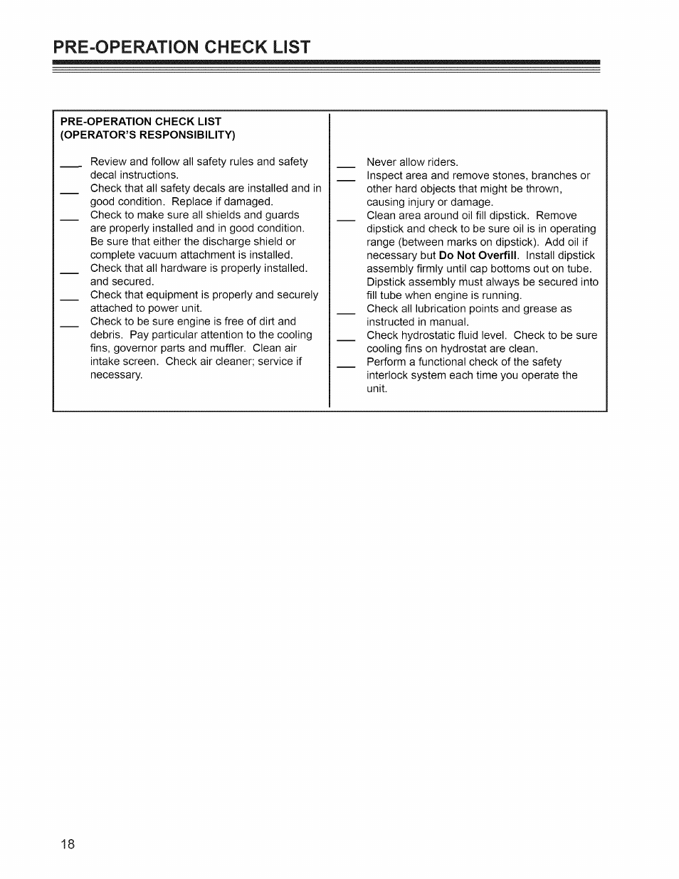 Pre-^operation check list, Pre-operation check list | Craftsman 127.28876 User Manual | Page 20 / 77