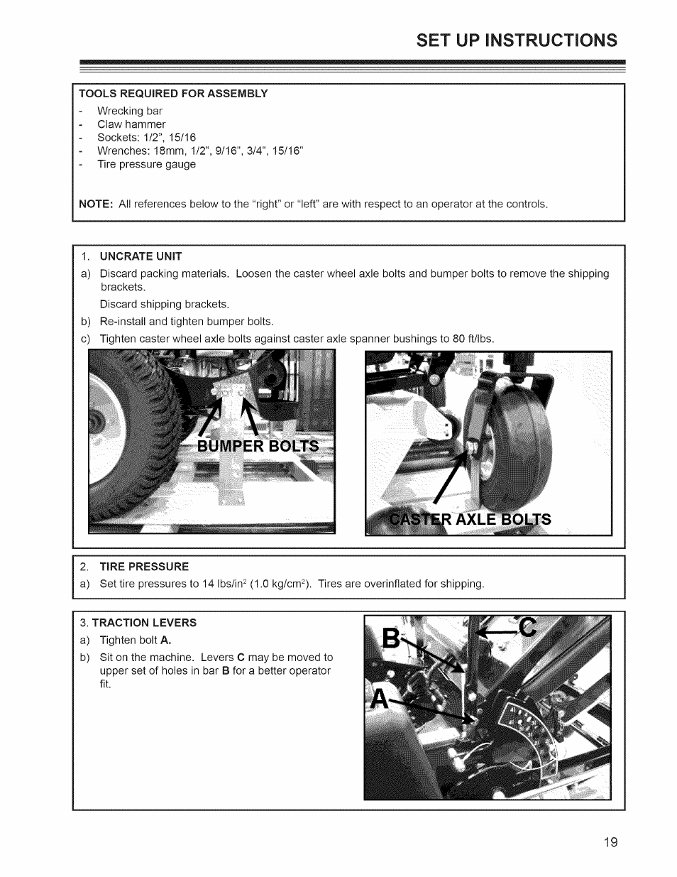 Set up instructions, Caster axle bolts, Setup instructions -20 | Craftsman 127.28876 User Manual | Page 21 / 77