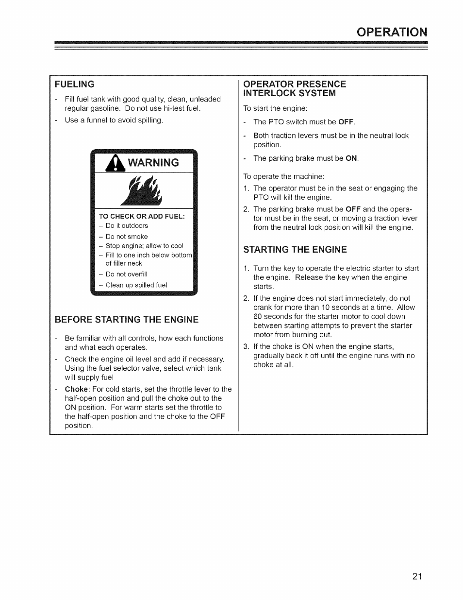 Before starting the engine, Operator presence interlock system, Starting the engine | Operation | Craftsman 127.28876 User Manual | Page 23 / 77