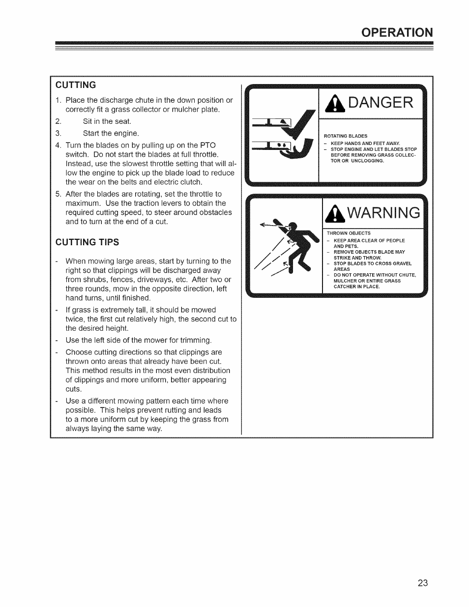 Danger, Warning, Operation | Cutting, Cutting tips | Craftsman 127.28876 User Manual | Page 25 / 77