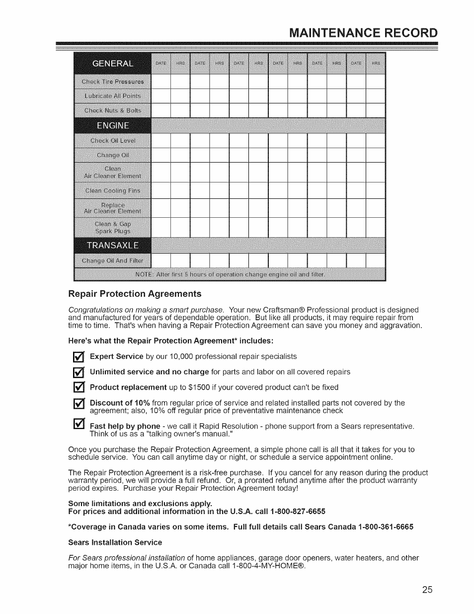 Maintenance record, Repair protection agreements | Craftsman 127.28876 User Manual | Page 27 / 77