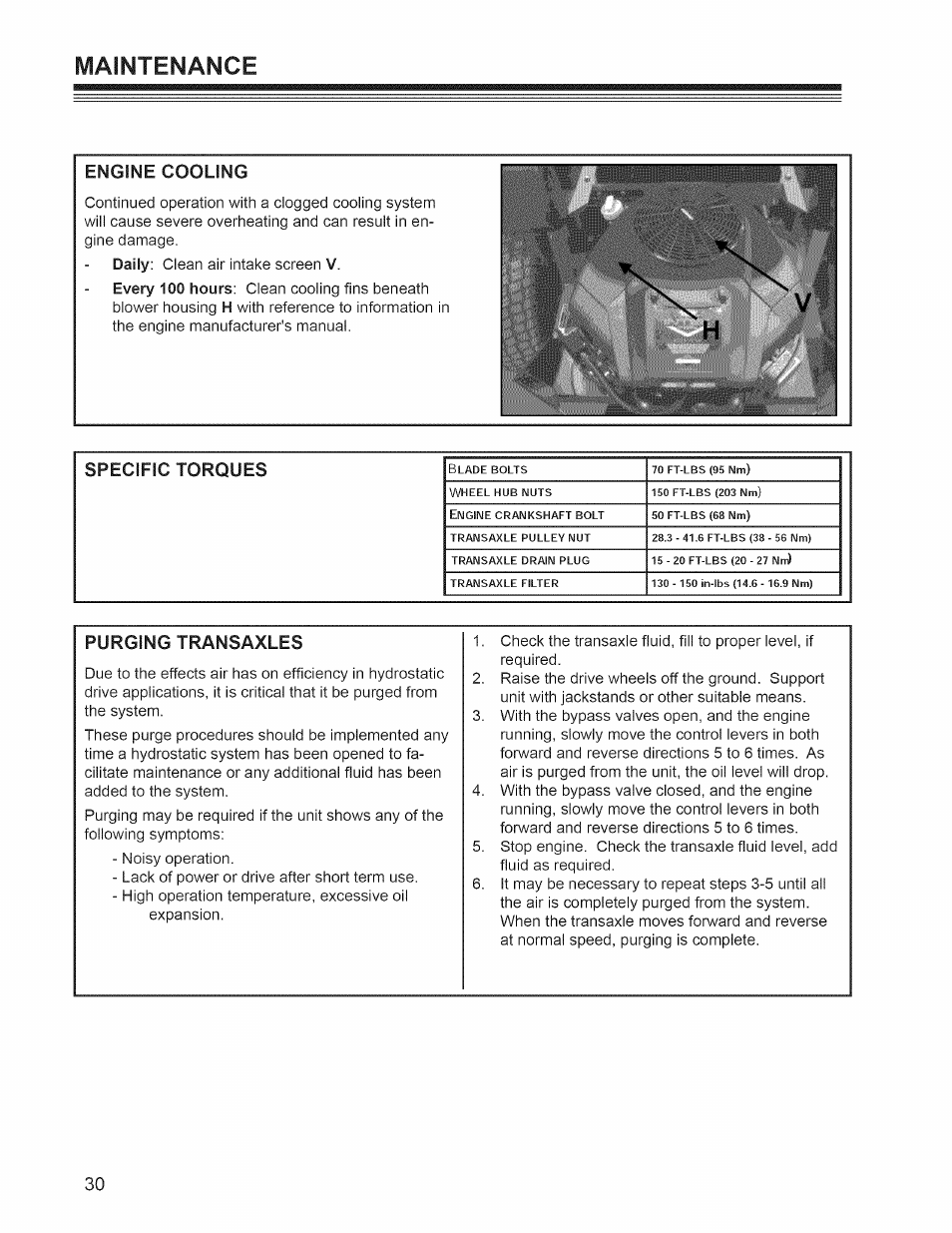 Engine cooling, Specific torques, Purging transaxles | Maintenance | Craftsman 127.28876 User Manual | Page 32 / 77