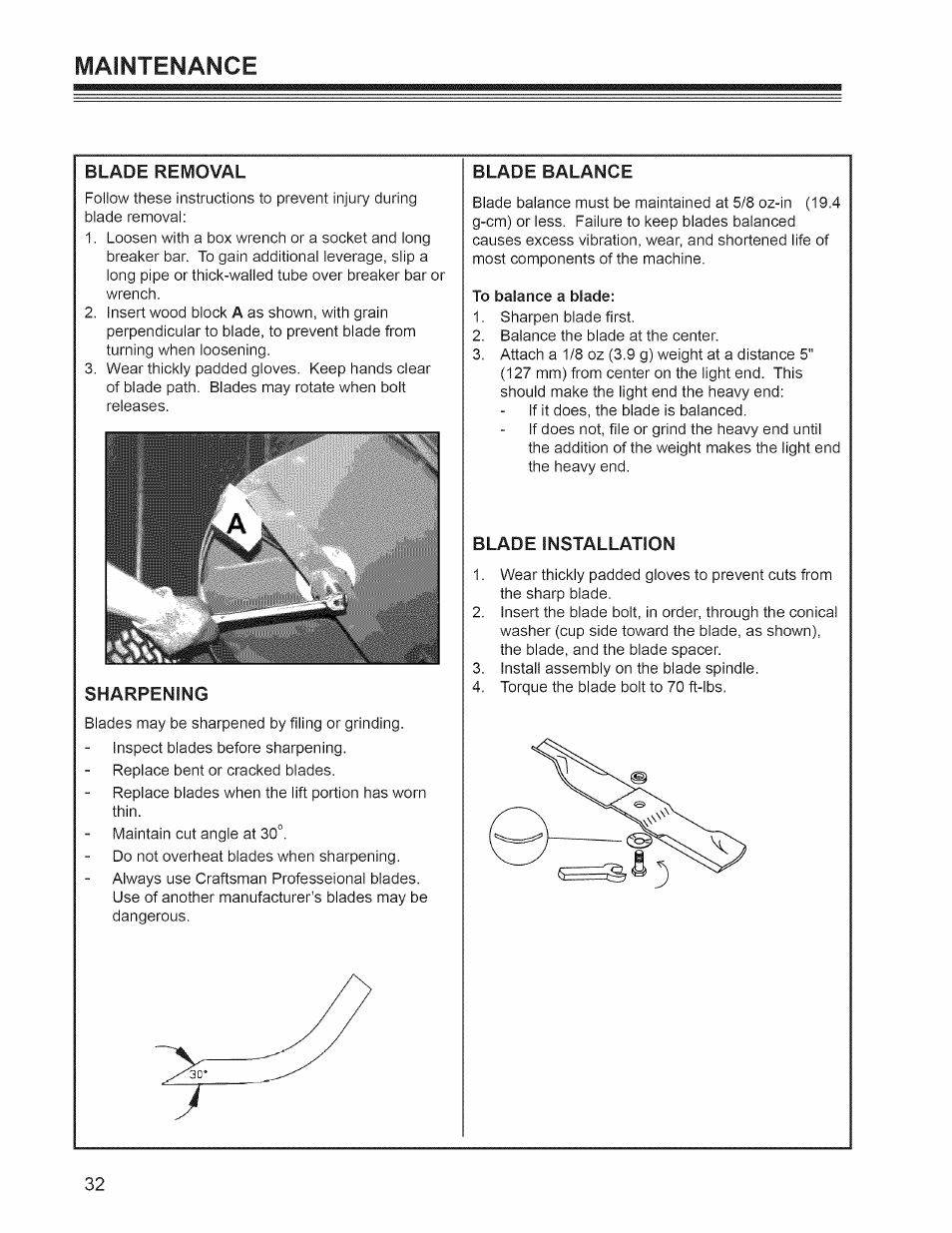 Sharpening, Blade balance, Blade installation | Maintenance | Craftsman 127.28876 User Manual | Page 34 / 77